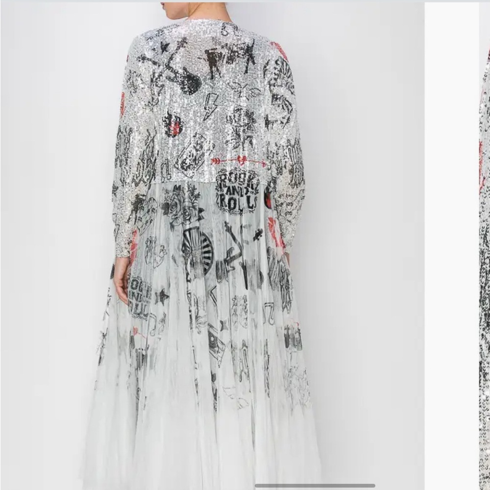 Origami brand silver sequin Long Sheer Cardigan tulle NWT rock ‘n’ roll print - Picture 4 of 4